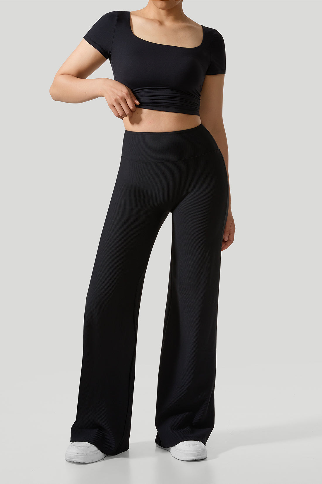 Micro Ribbed Solid Color Wide Leg Pants