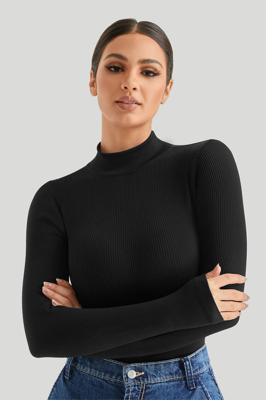 Threaded High Neck Long Sleeves Bodysuit