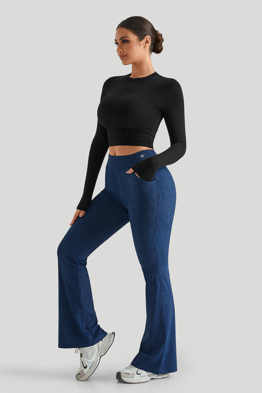 Long Sleeves Stretchy Faux Denim Flare Pant Sets