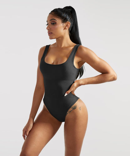 Ribbed Tummy Control Solid Color Sleeveless Seamless Bodysuit - MOOSLOVER